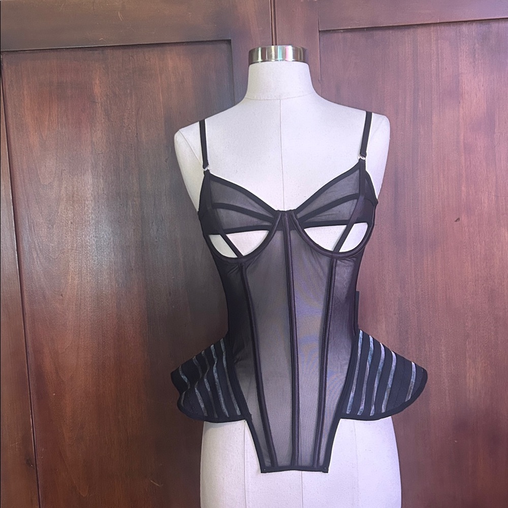 NWT Sheer Black Corset with Space Age Peplum S - Picture 2 of 12